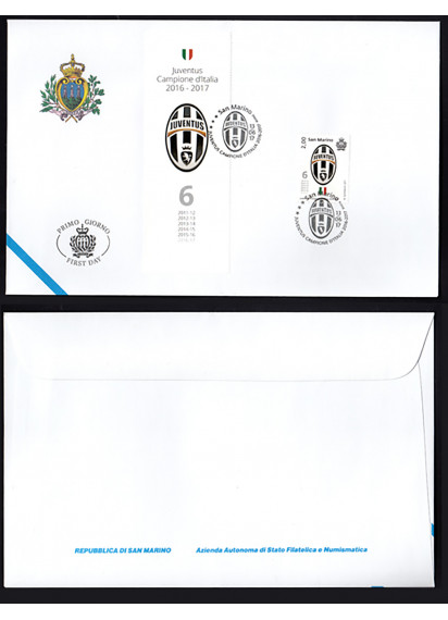 2017 - San Marino busta Fdc Juventus Campionato calcio 2016-17 Primo Giorno Appendice + bollo